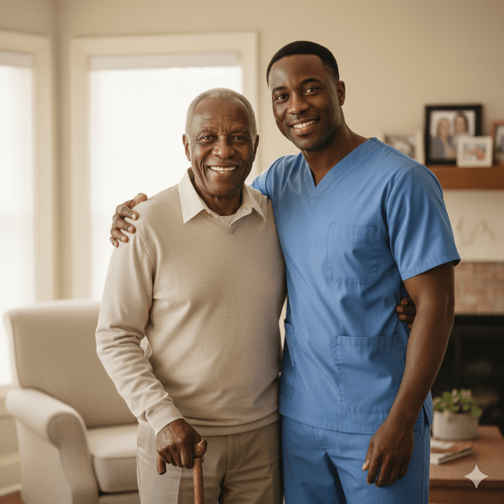 A caregiver and an older man smiling together in a sunlit living room