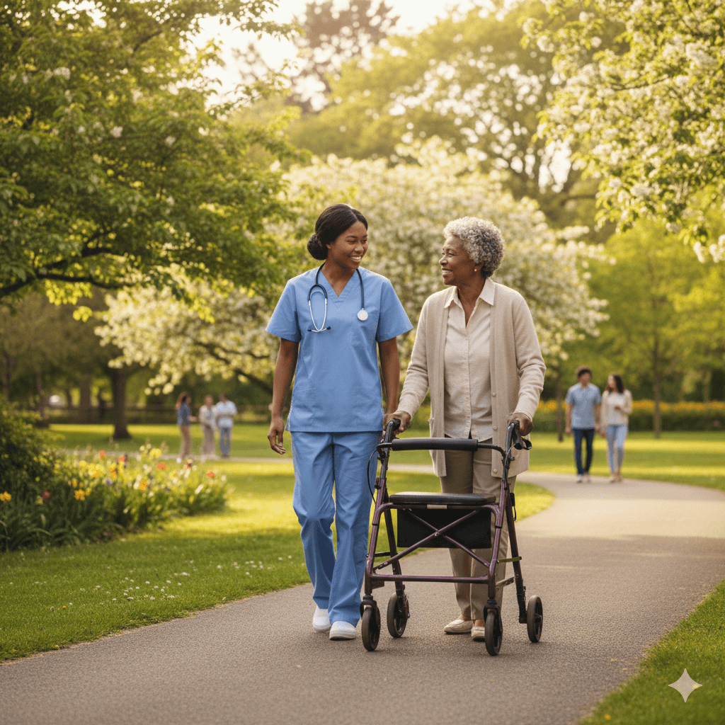A caregiver walking outdoors with an older woman using a walker