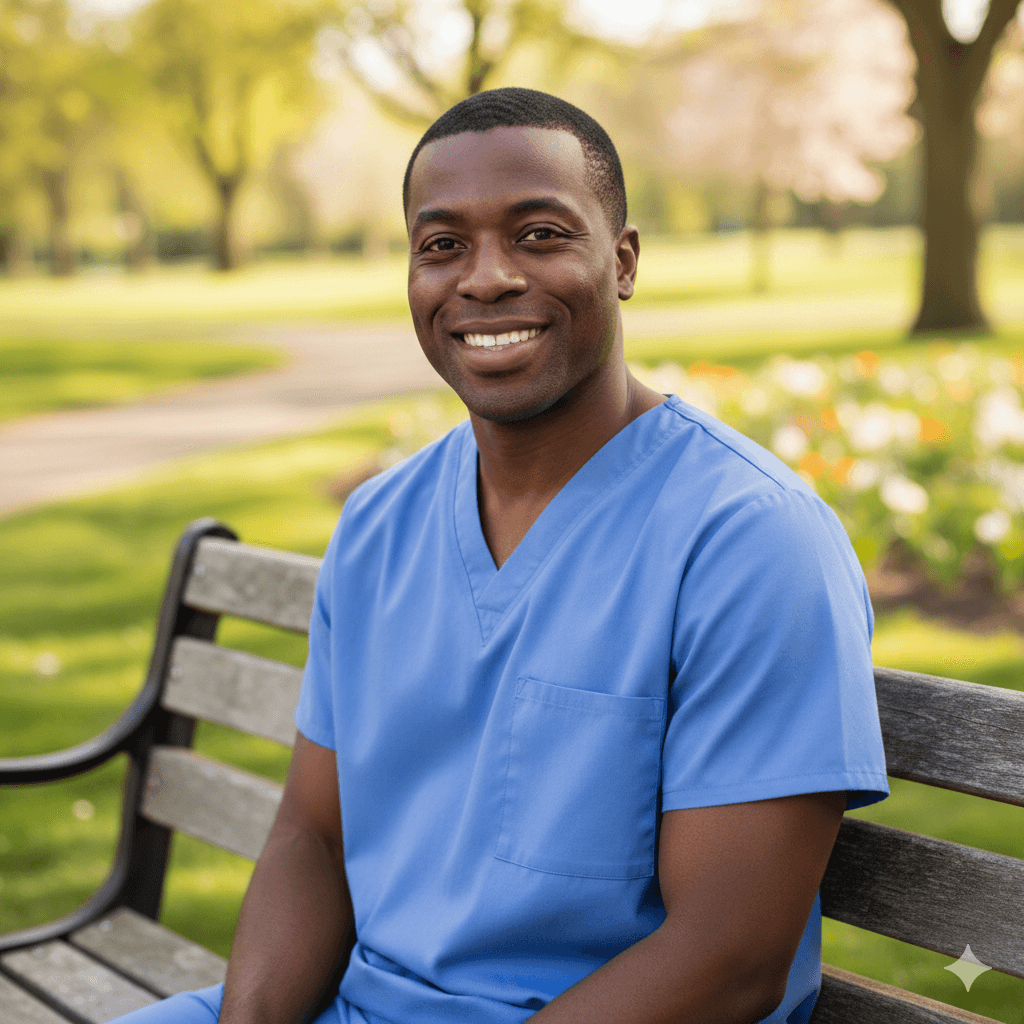 A caregiver smiling on a park bench