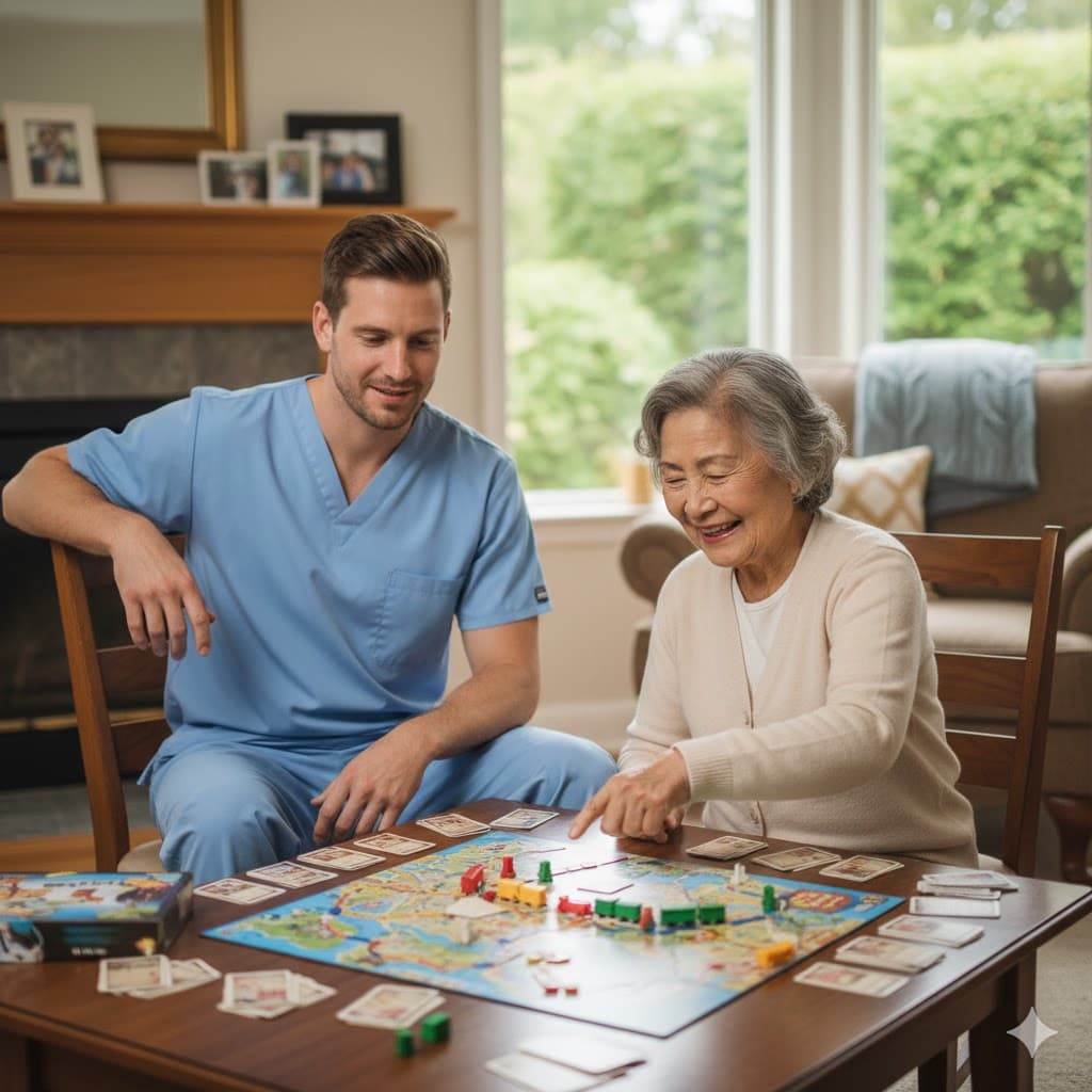 A caregiver and a client laughing together over a board game at home