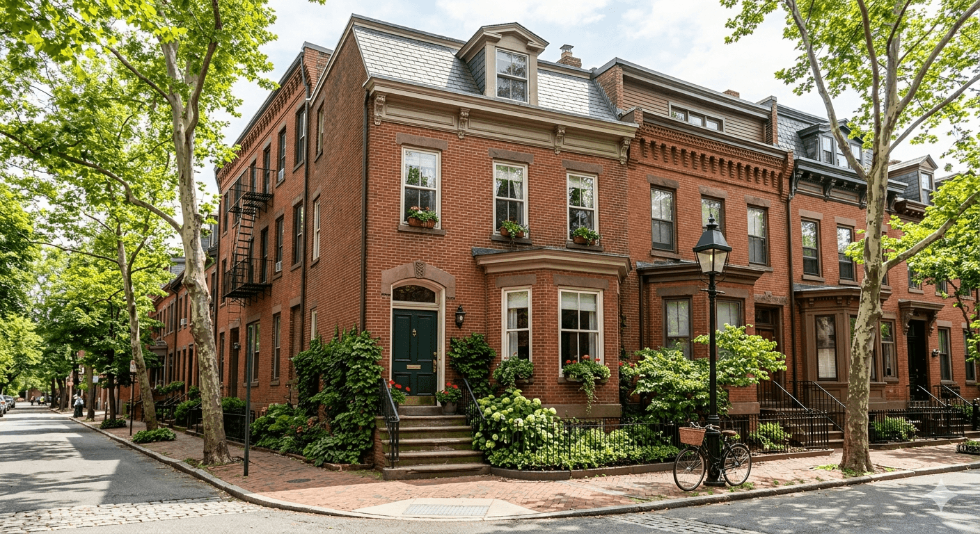 A brick townhouse with a green door on a tree-lined street