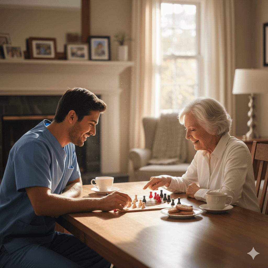 A caregiver and an older woman playing chess at a dining table